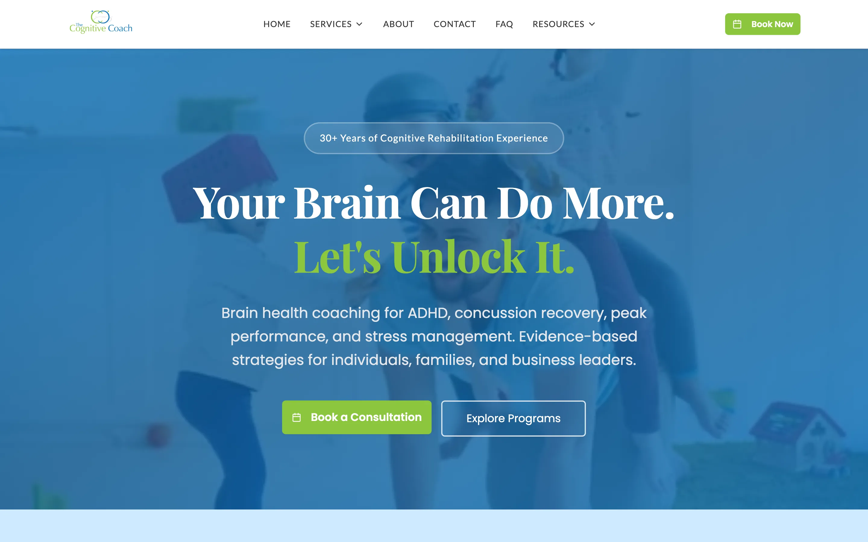 The Cognitive Coach homepage, a brain health coaching practice site