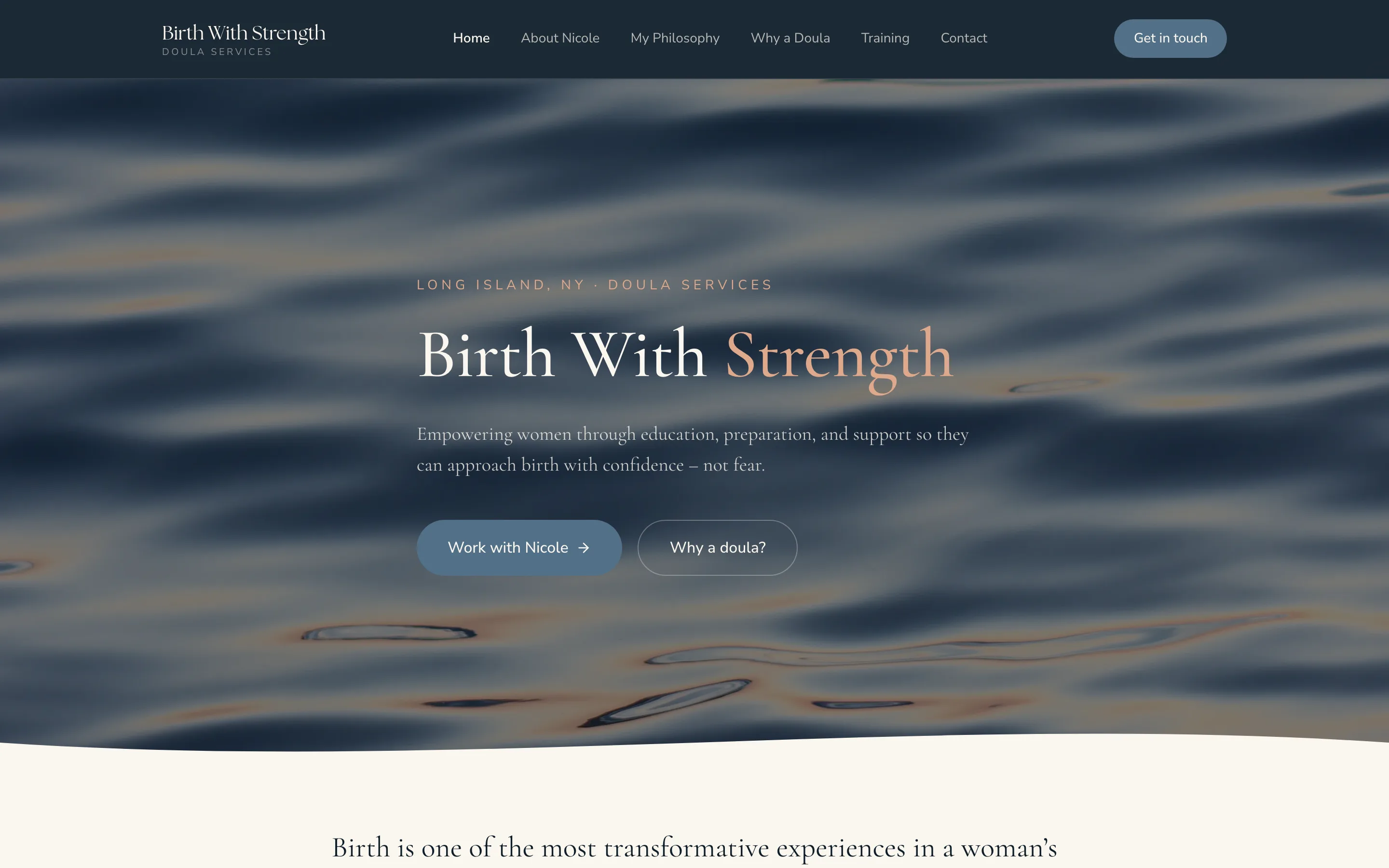 Birth With Strength homepage, a doula services practice on Long Island